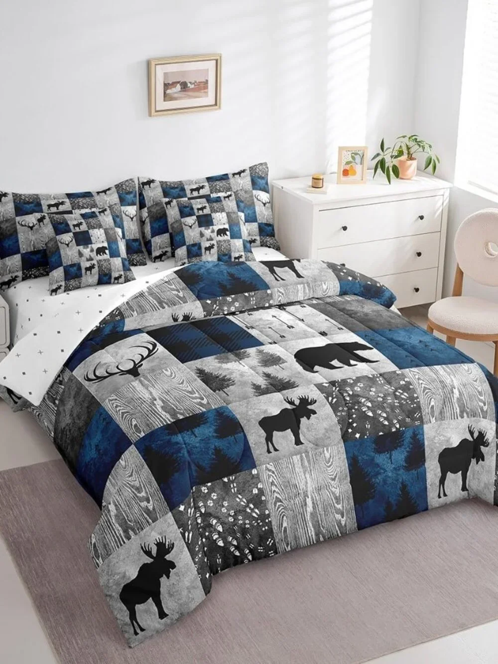 7 Pcs Hunting Animal Comforter Set Queen Size,Rustic Bear Deer Bed in a Bag with